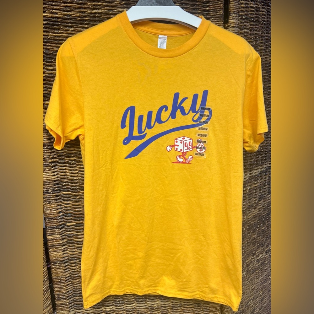 Yellow Graphic T-Shirt with Blue 'Lucky' Print- Dice, New‎ with tags
